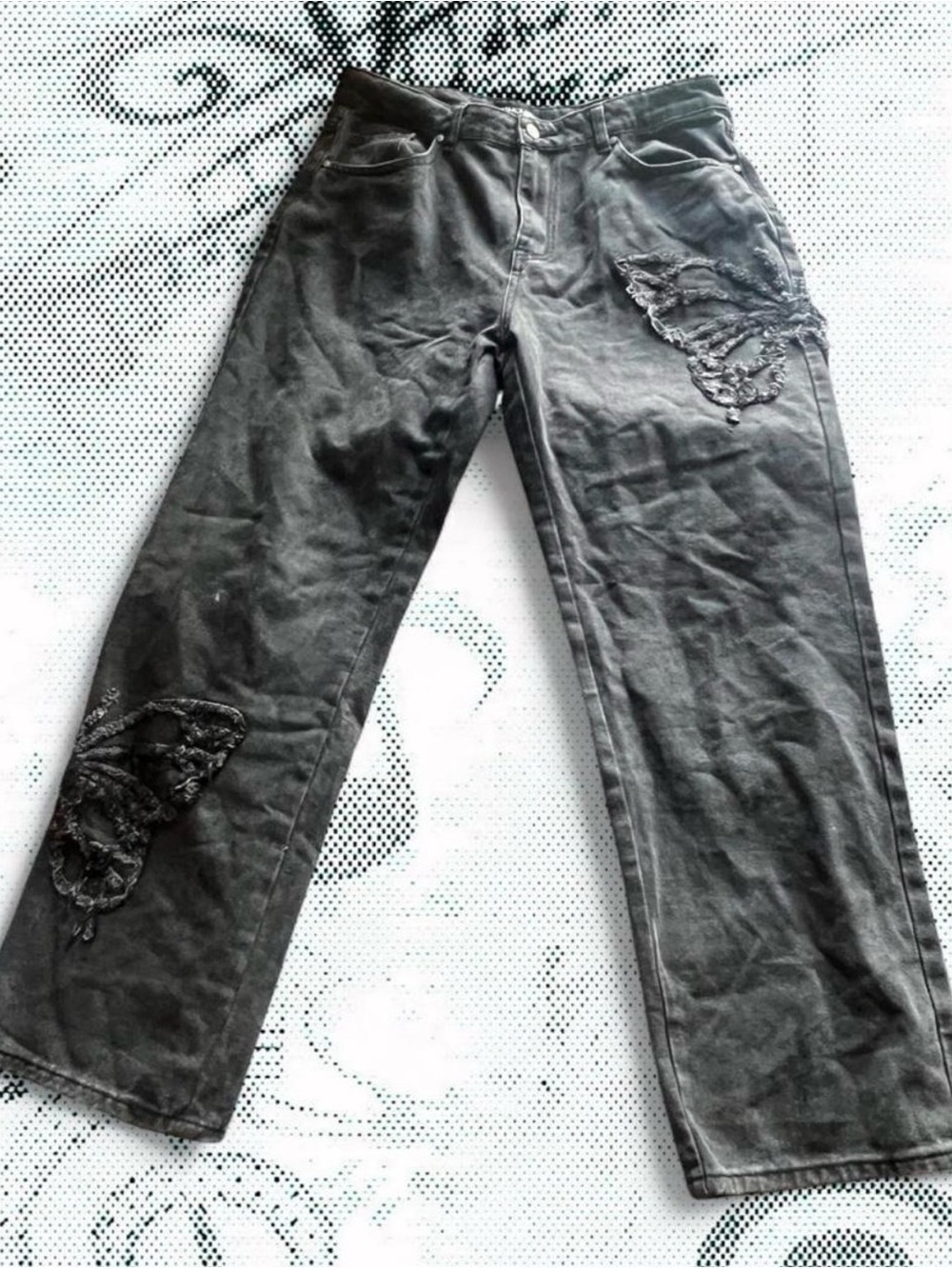 Fashion Nova Black Straight-Leg Jeans with Lace Butterfly Details